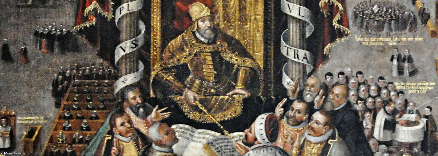 Die Mitte des Konfessionsbildes in der St.-Johannis-Kirche Schweinfurt, spätes 16./frühes 17. Jahrhundert: Überreichung der Confessio Augustana an den Kaiser