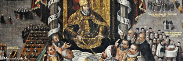 Die Mitte des Konfessionsbildes in der St.-Johannis-Kirche Schweinfurt, spätes 16./frühes 17. Jahrhundert: Überreichung der Confessio Augustana an den Kaiser